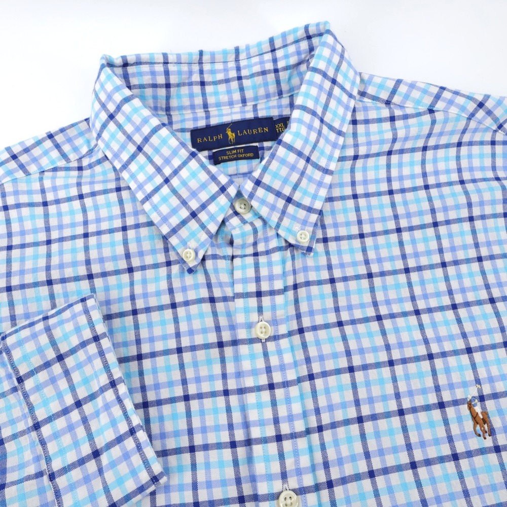 Polo Ralph Lauren Slim Fit Stretch Oxford Plaid Shirt Blue Mens XXL Flesh Pony